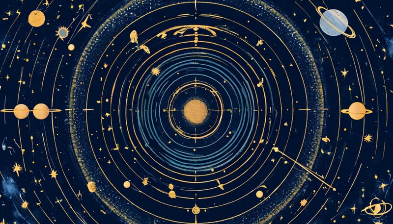 Planets in the houses of a natal chart, connected by aspect lines