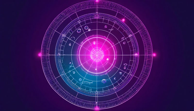 Round natal chart diagram with twelve sectors and planetary symbols